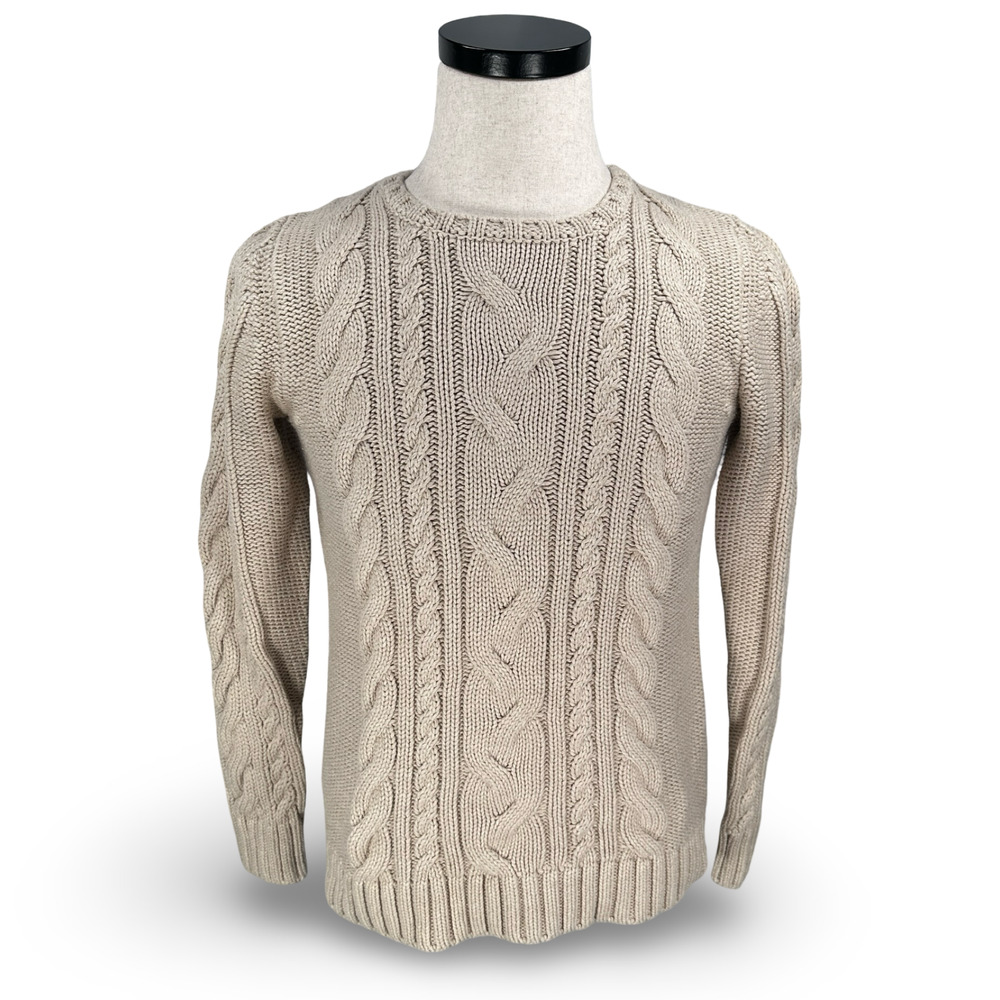 LL Bean Cable‎ Knit Sweater Women’s Medium Beige Tan Cotton Long Sleeve Pullover